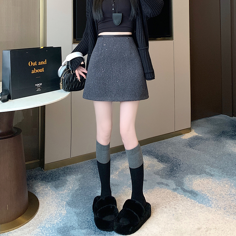 實拍小香風閃閃重工亮片A字裙女冬季加厚毛呢半身裙包臀短裙