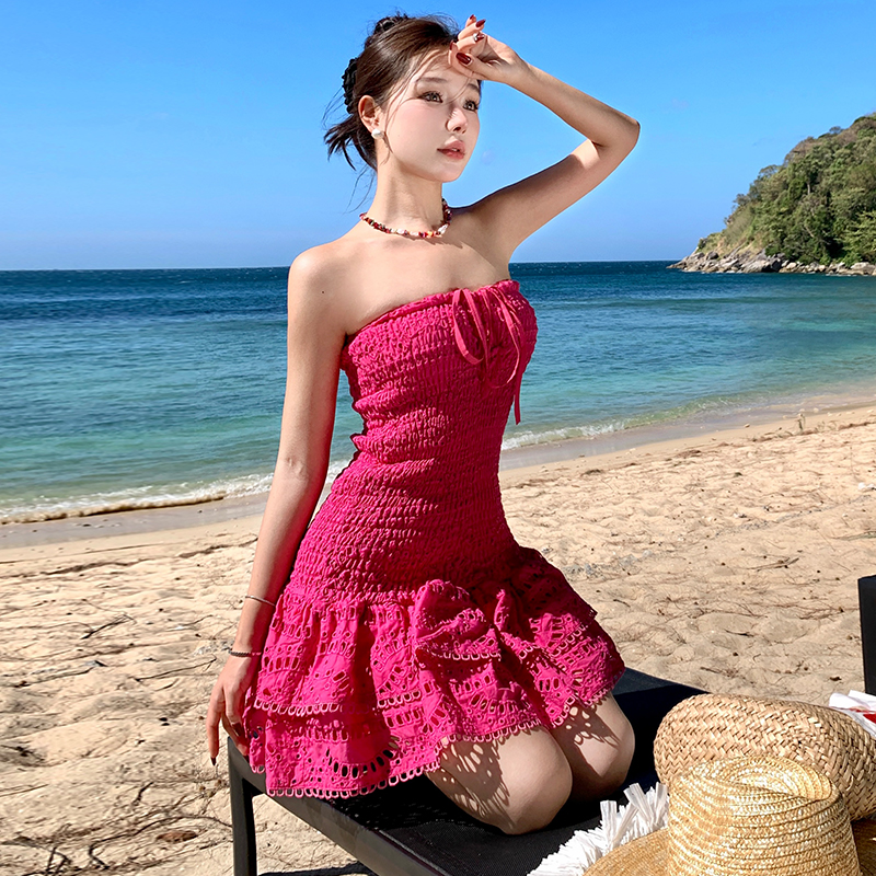 實拍夏季新款泰國潮流海邊度假風小個子印花彈力系帶抹胸連衣裙