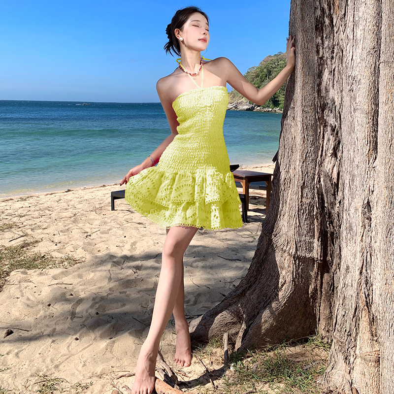 實拍夏季新款泰國潮流海邊度假風小個子印花彈力系帶抹胸連衣裙
