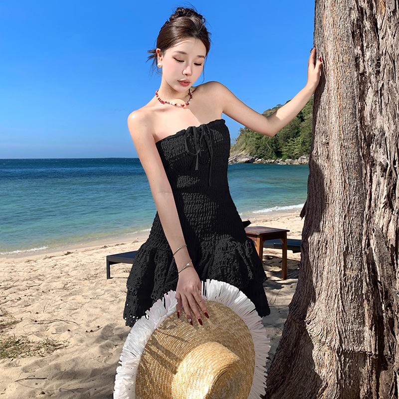 實拍夏季新款泰國潮流海邊度假風小個子印花彈力系帶抹胸連衣裙