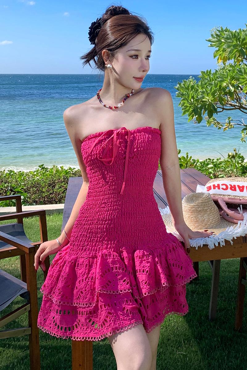 實拍夏季新款泰國潮流海邊度假風小個子印花彈力系帶抹胸連衣裙