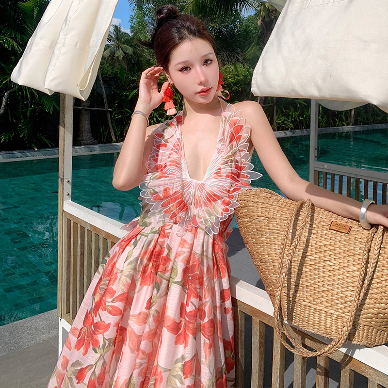 實拍夏季繡紅色百合花朵翅膀掛脖露背禮服連衣裙長裙