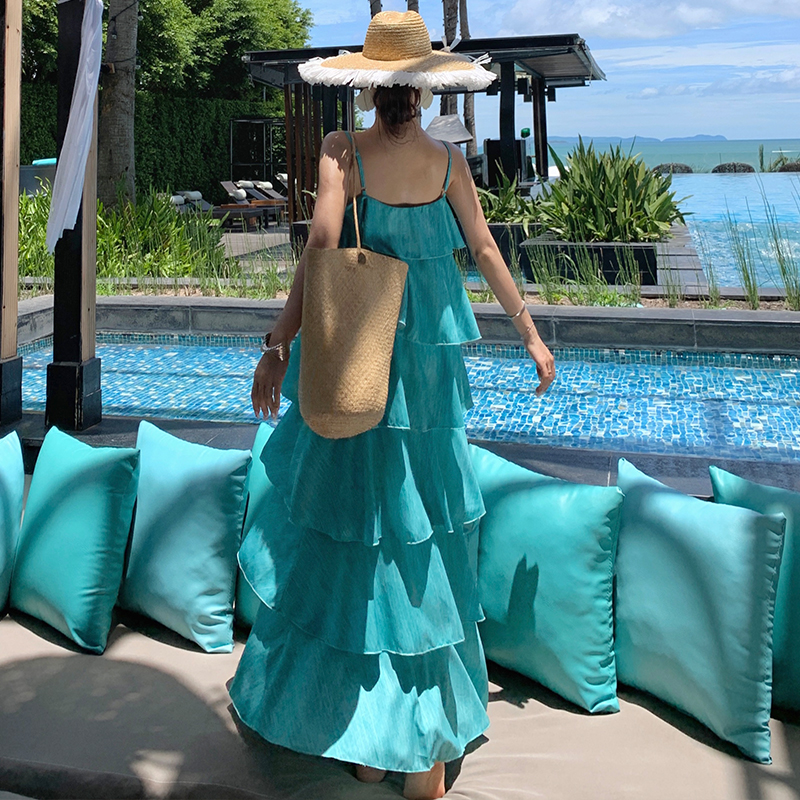 實拍25年夏季溫柔氣質荷葉邊蛋糕裙吊帶連衣裙女