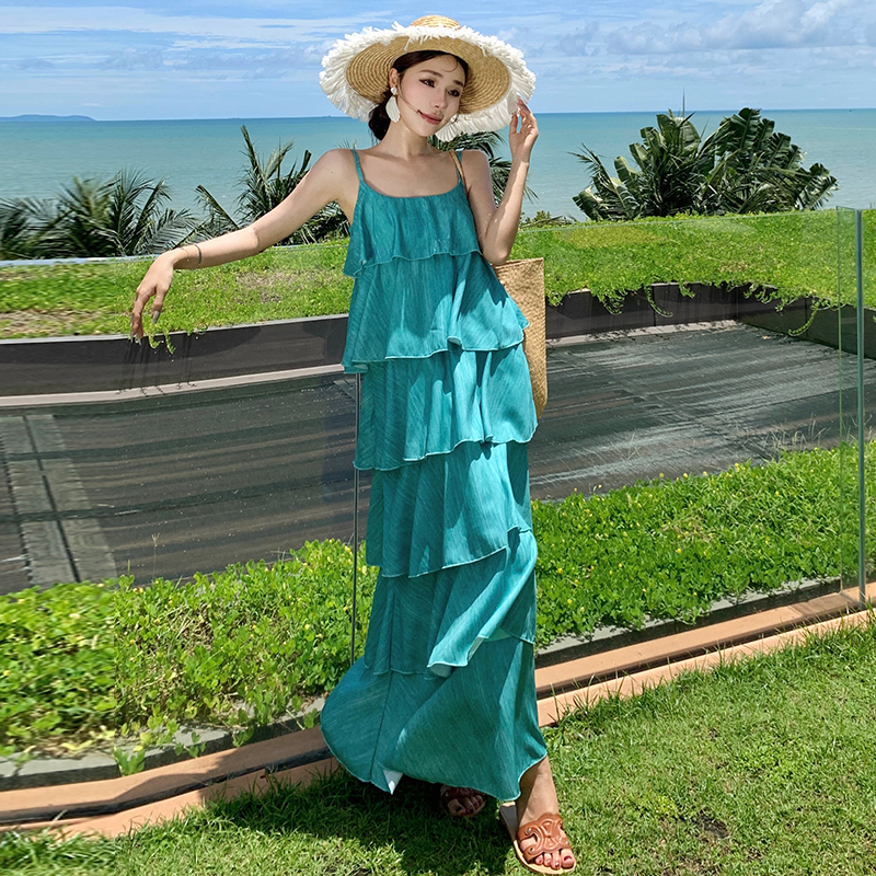 實拍25年夏季溫柔氣質荷葉邊蛋糕裙吊帶連衣裙女