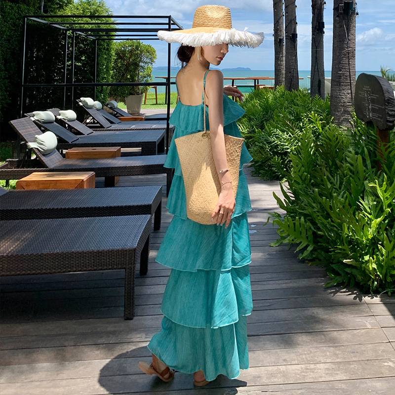 實拍25年夏季溫柔氣質荷葉邊蛋糕裙吊帶連衣裙女