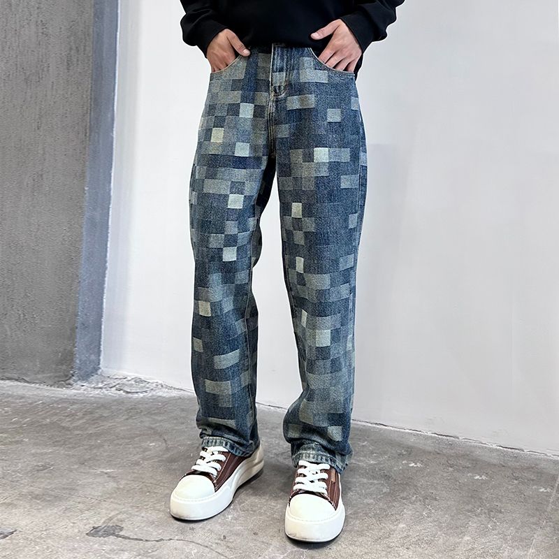 實拍秋冬美式休閑痞帥輕奢復古格子提花牛仔褲男直筒寬松闊腿長褲