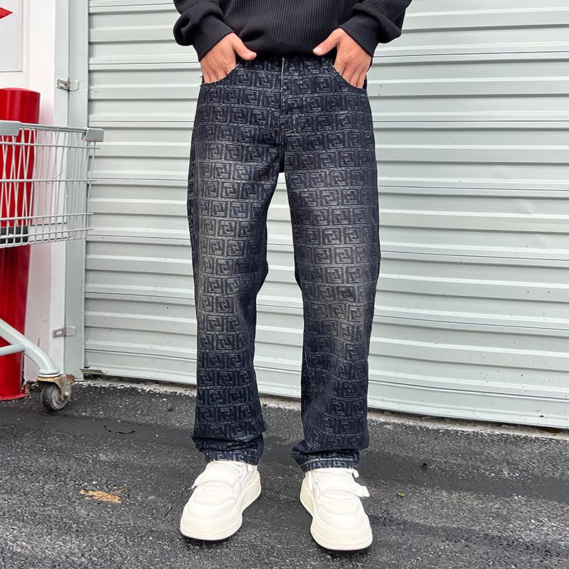 實拍美式牛仔褲男痞帥潮牌高端滿印提花高街直筒褲百搭褲子