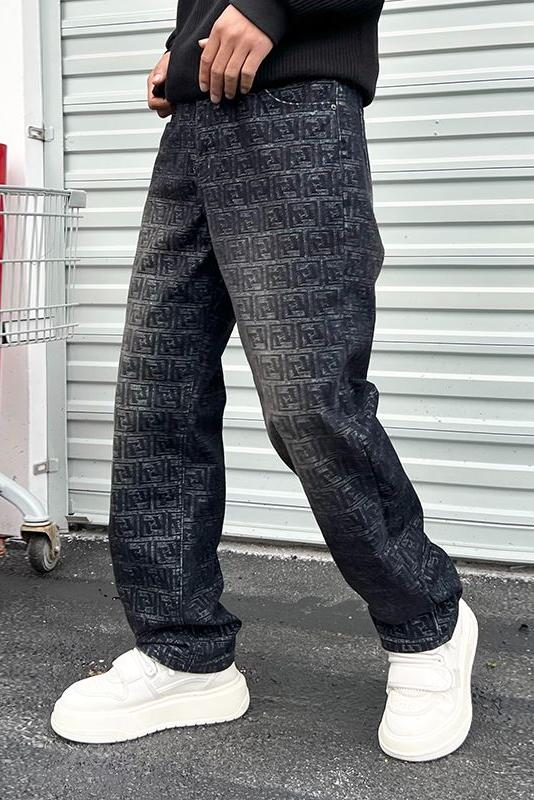 實拍美式牛仔褲男痞帥潮牌高端滿印提花高街直筒褲百搭褲子