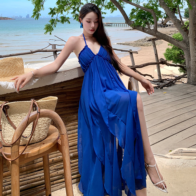 實拍法式超仙荷葉邊度假露背掛脖吊帶連衣裙女氛圍感海邊拍照長裙