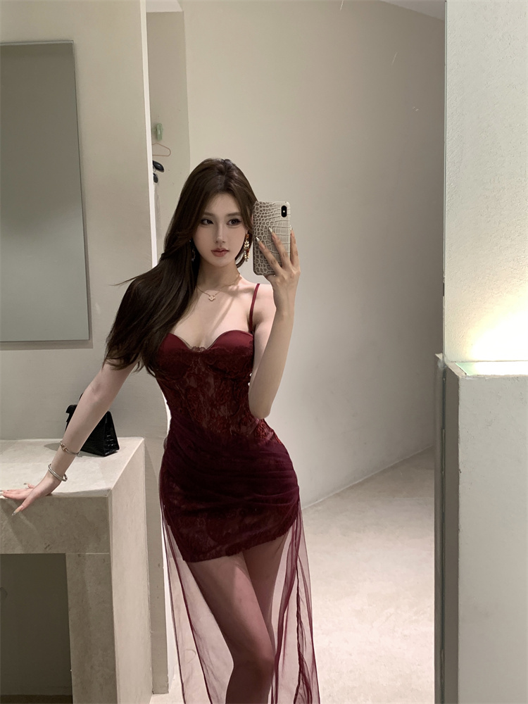 實拍實價 辣妹蕾絲拼接網紗吊帶修身顯瘦連衣裙中長款