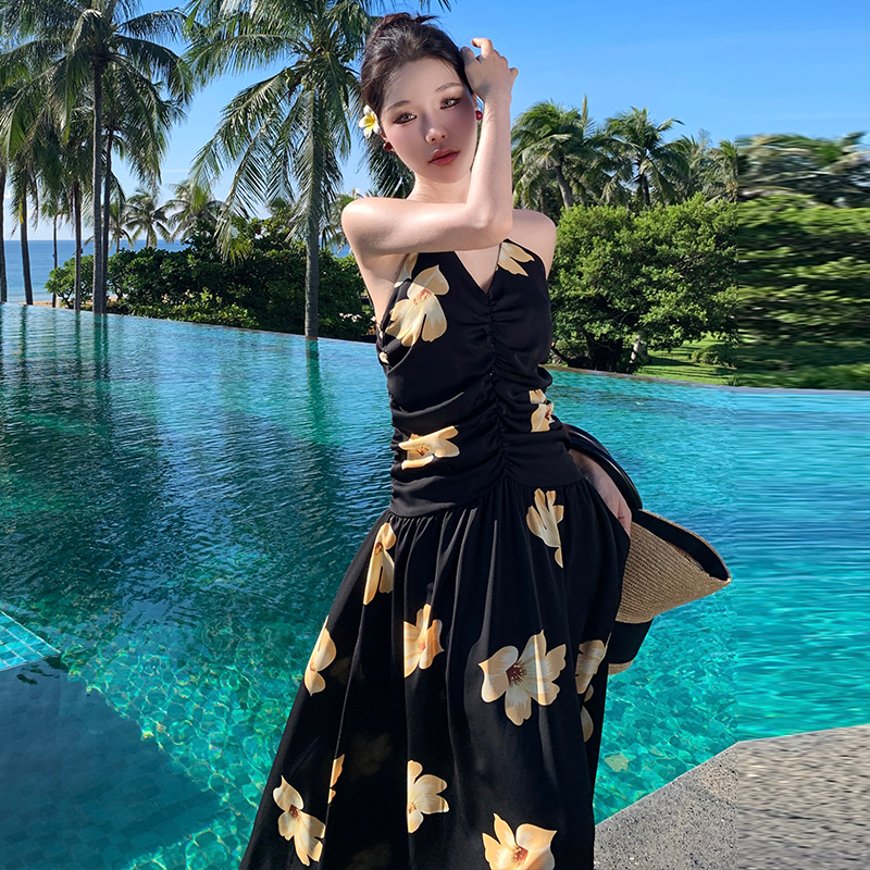 實拍灰灰家吊帶印花連衣裙女夏季新款法式氣質小黑裙子