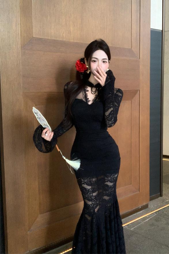 實拍實價  辣妹蕾絲長袖修身顯瘦魚尾連衣裙長款