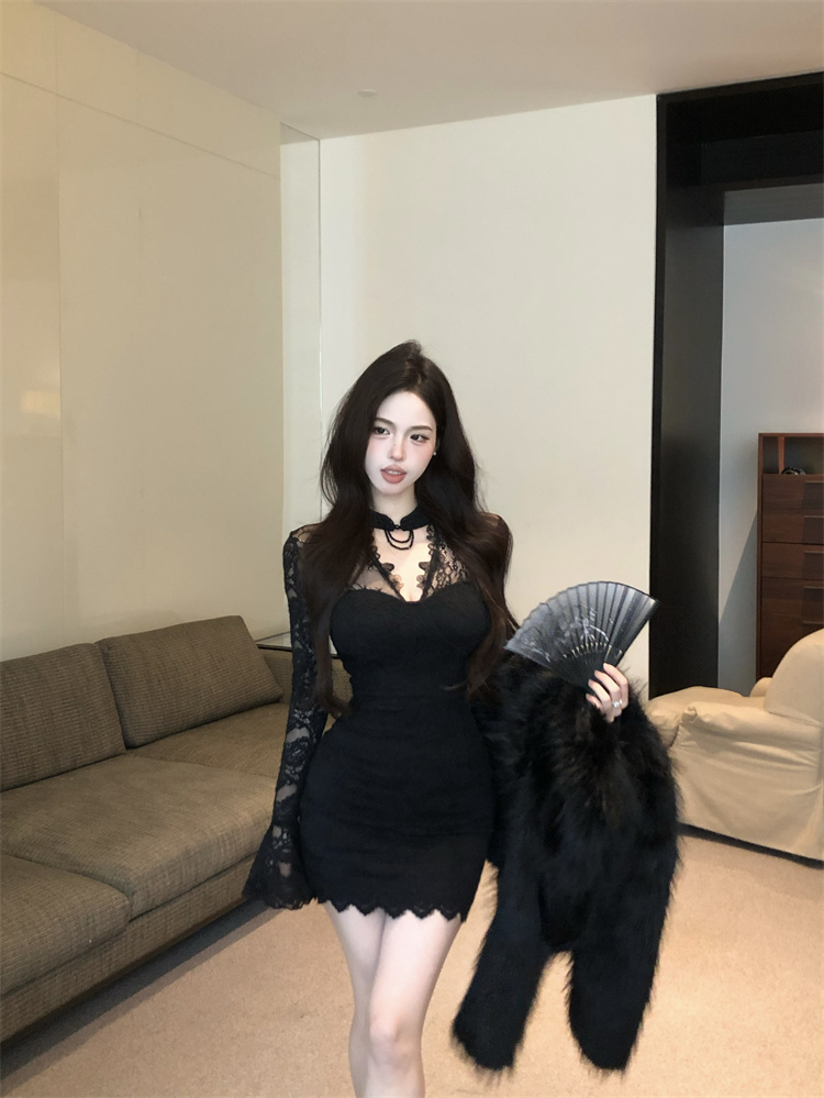 實拍實價  辣妹蕾絲長袖修身顯瘦魚尾連衣裙長款