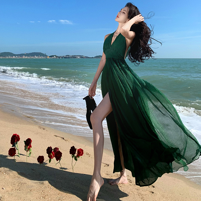 高品質海邊度假絕美氣質長裙深V領性感露背多種穿法超仙連衣裙