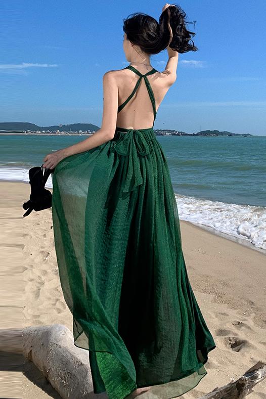 高品質海邊度假絕美氣質長裙深V領性感露背多種穿法超仙連衣裙