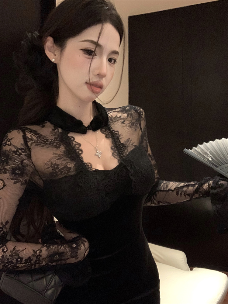 實拍實價 絲絨拼接蕾絲鏤空長袖修身顯瘦包臀連衣裙短款