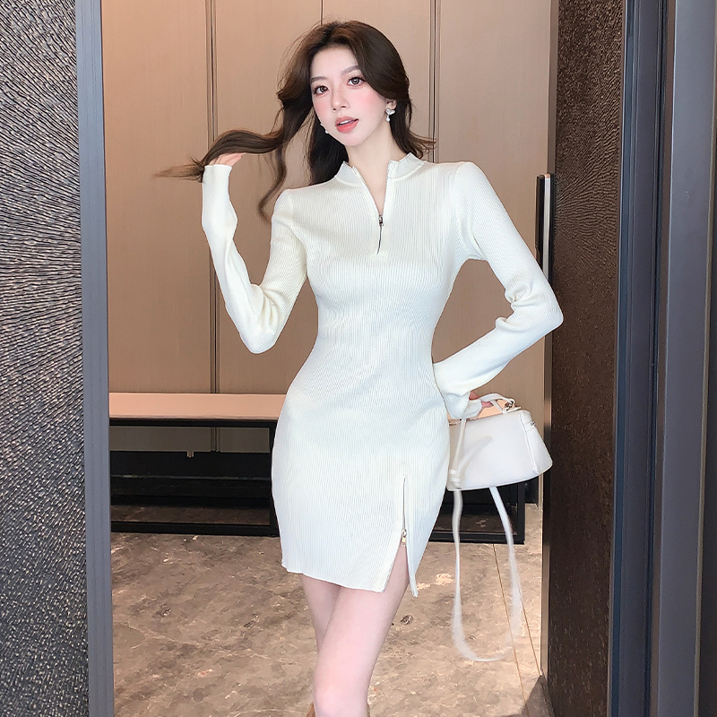 實拍茶歇法式炸街緊身針織連衣裙女氣質修身打底內搭包臀短裙