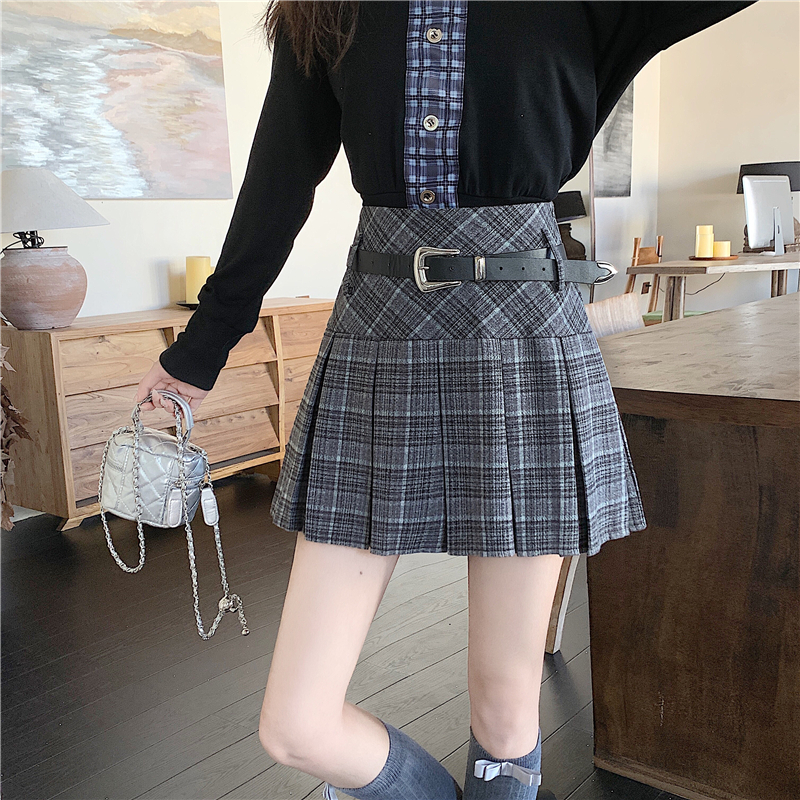 實拍實價 秋冬季格子毛呢半身裙甜辣高腰a字裙學院風百褶裙女短裙