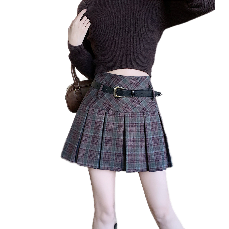 實拍實價 秋冬季格子毛呢半身裙甜辣高腰a字裙學院風百褶裙女短裙