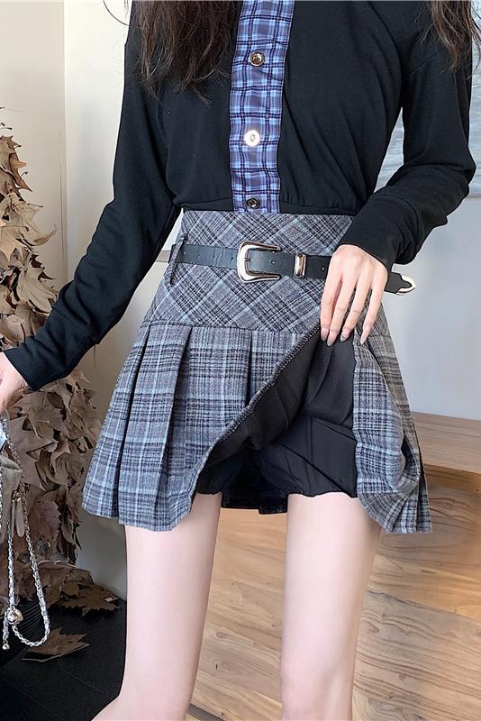 實拍實價 秋冬季格子毛呢半身裙甜辣高腰a字裙學院風百褶裙女短裙