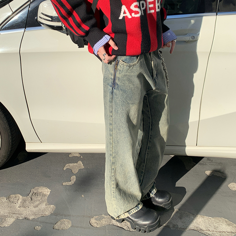 實拍春秋潮牌高街CleanFit水洗泥染微喇叭長褲hiphop復古牛仔褲