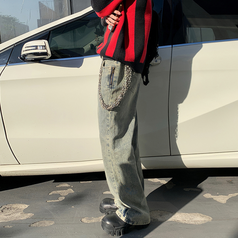 實拍春秋潮牌高街CleanFit水洗泥染微喇叭長褲hiphop復古牛仔褲
