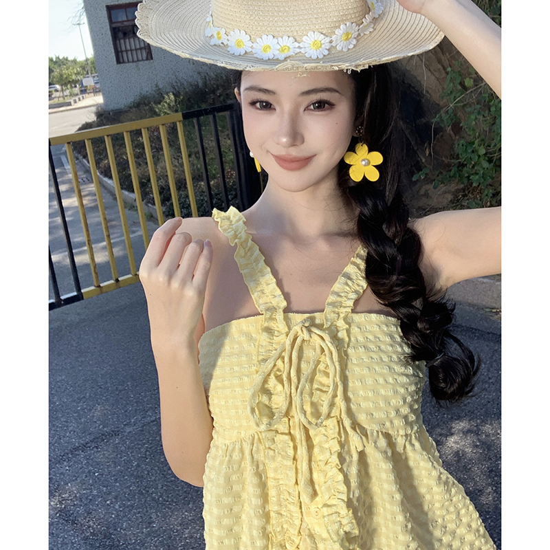 溫柔風掛脖套裝裙休閑氣質減齡夏季新款兩件套連衣裙