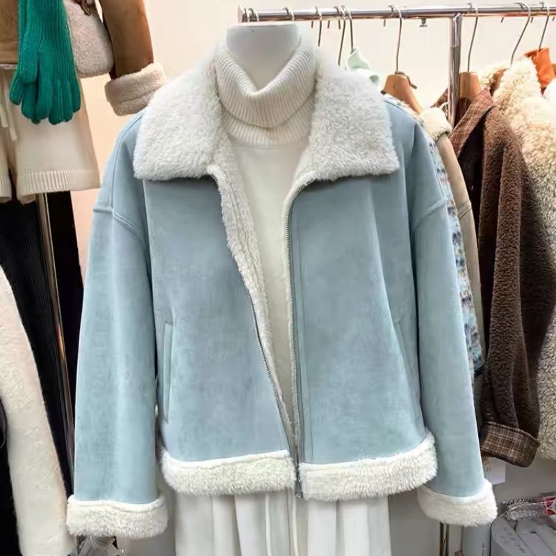 490克鹿皮绒复合羊驼绒浅蓝色翻领羊羔短加厚外套冬季保暖