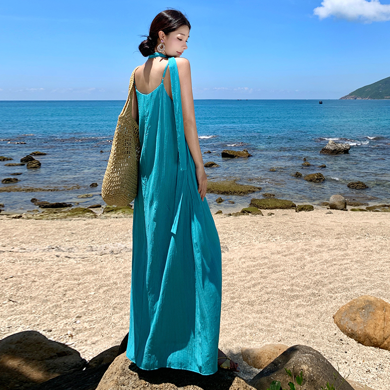 實拍云南旅游穿搭度假高個子吊帶連衣裙女夏寬松長裙慵懶風