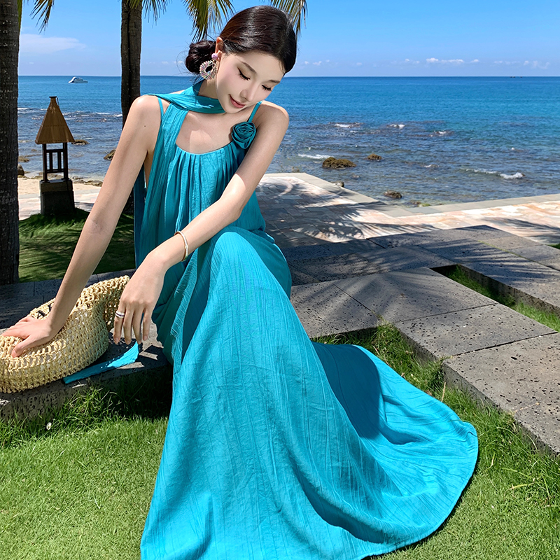 實拍云南旅游穿搭度假高個子吊帶連衣裙女夏寬松長裙慵懶風