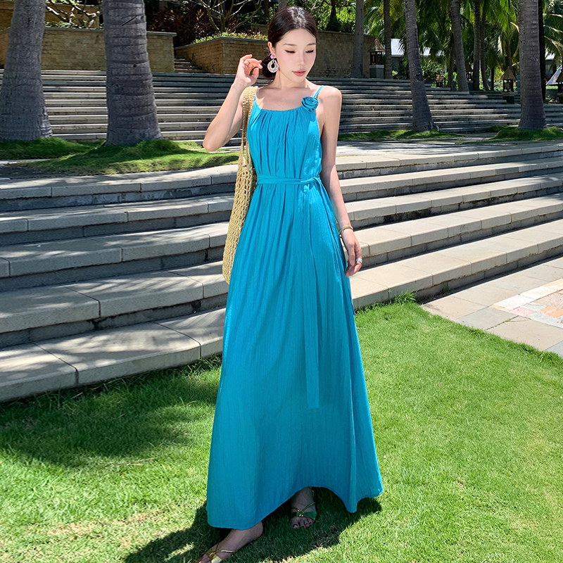 實拍云南旅游穿搭度假高個子吊帶連衣裙女夏寬松長裙慵懶風