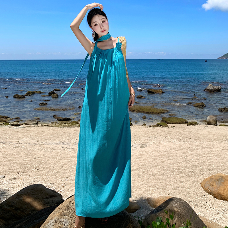 實拍云南旅游穿搭度假高個子吊帶連衣裙女夏寬松長裙慵懶風