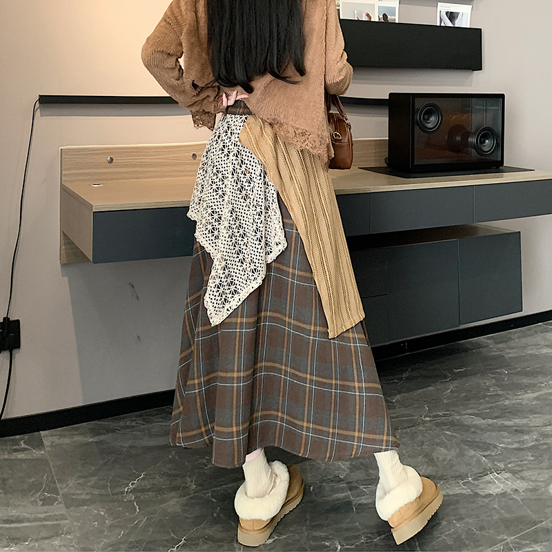 實拍設計感拼接半身裙女秋冬小眾別致復古格子裙A字裙長裙子