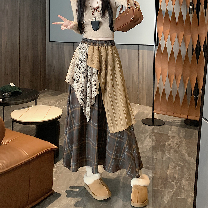 實拍設計感拼接半身裙女秋冬小眾別致復古格子裙A字裙長裙子