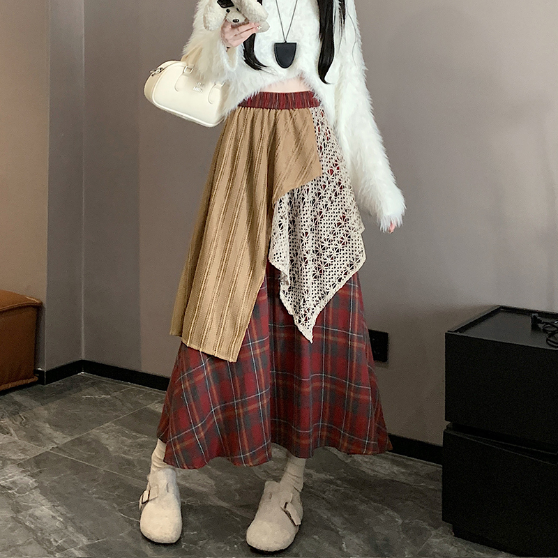 實拍設計感拼接半身裙女秋冬小眾別致復古格子裙A字裙長裙子