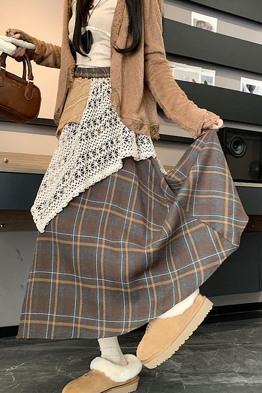 實拍設計感拼接半身裙女秋冬小眾別致復古格子裙A字裙長裙子