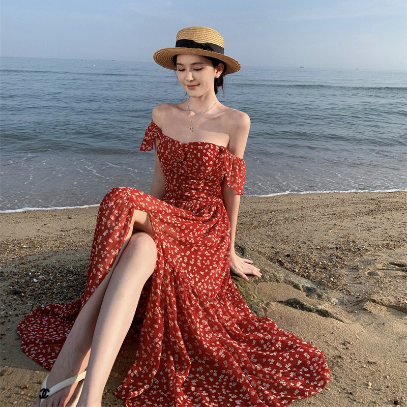 茶歇法式赫本溫柔減齡紅色碎花連衣裙古著vintage仙女裙高級感女