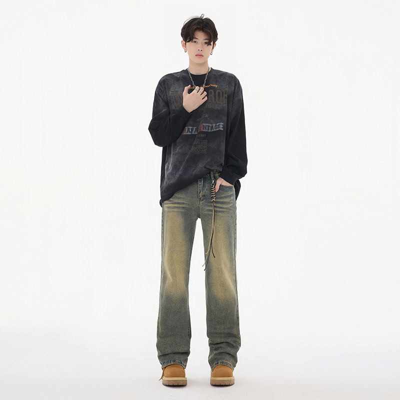實拍春秋CleanFit重工藝水洗牛仔褲小眾潮牌高街寬松微喇直筒褲男