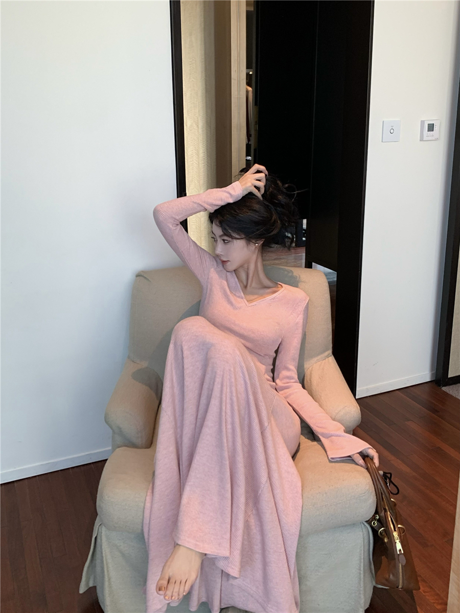 實拍復古性感多色針織連衣裙女圣誕韓系溫柔V領打底長裙子女
