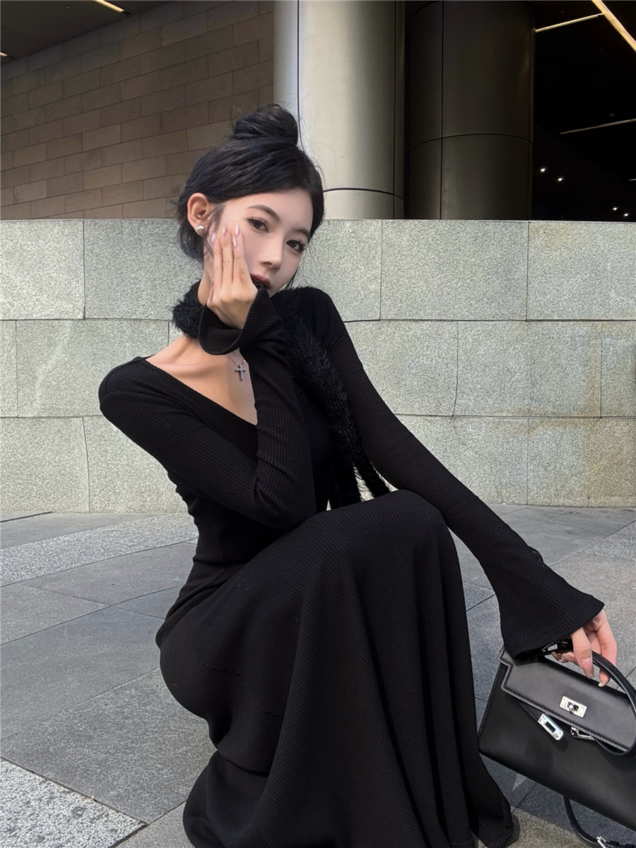 實拍復古性感多色針織連衣裙女圣誕韓系溫柔V領打底長裙子女