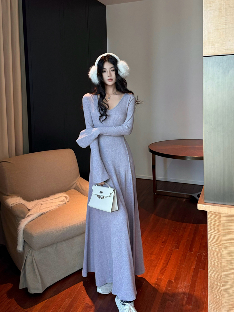 實拍復古性感多色針織連衣裙女圣誕韓系溫柔V領打底長裙子女