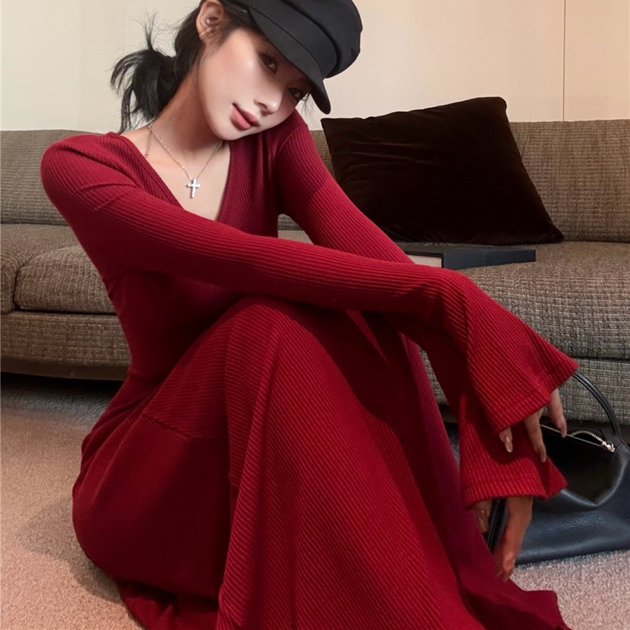 實拍復古性感多色針織連衣裙女圣誕韓系溫柔V領打底長裙子女