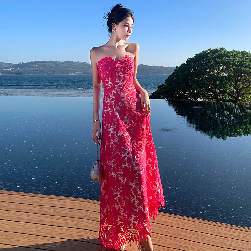 實拍禮服裙高端小眾婚紗晨袍敬酒服新娘重工紅色抹胸連衣裙