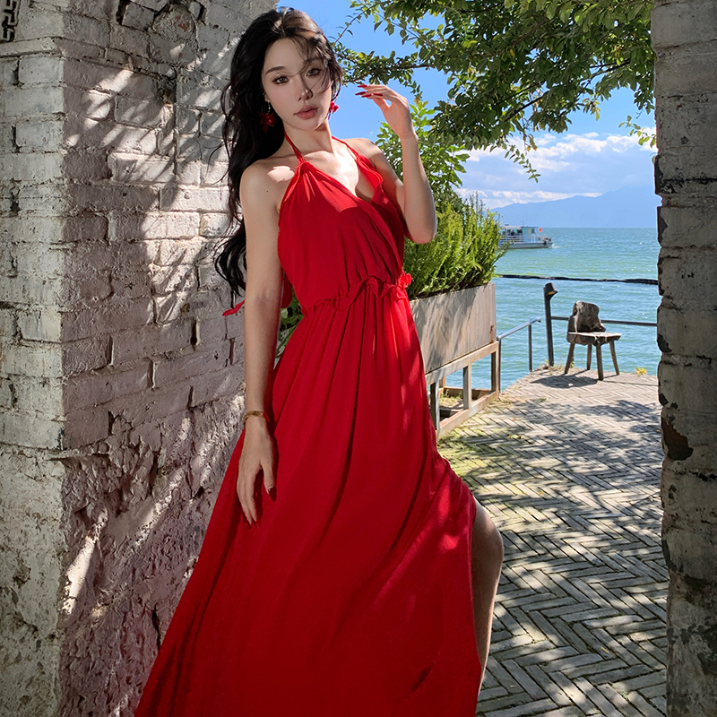實拍波西米亞長裙連衣裙拍照吊帶沙漠紅色露背裙子夏