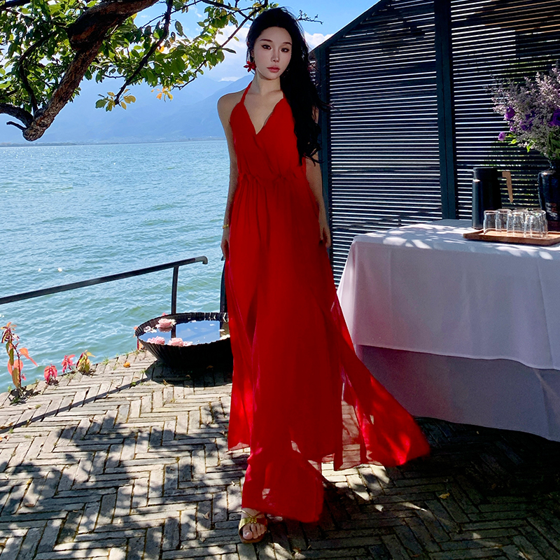 實拍波西米亞長裙連衣裙拍照吊帶沙漠紅色露背裙子夏