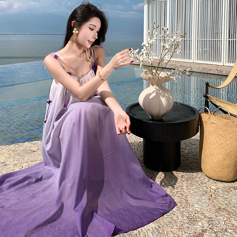 實拍度假拍照沙灘海邊漸變吊帶氛圍感長裙立體花朵裙子