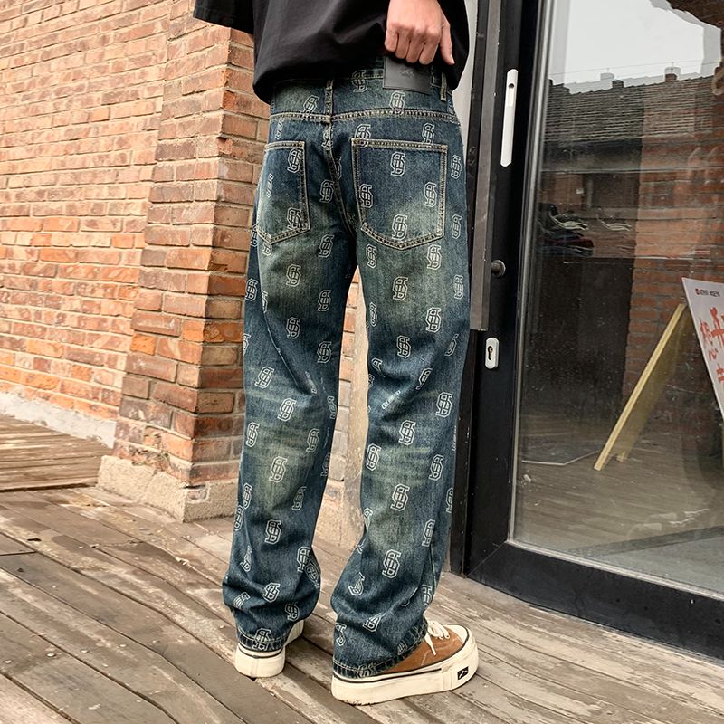 實拍美式高街潮牌提花牛仔褲男寬松百搭直筒高檔闊腿痞帥長褲