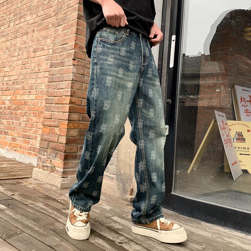 實拍美式高街潮牌提花牛仔褲男寬松百搭直筒高檔闊腿痞帥長褲