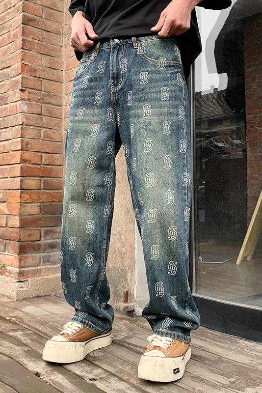 實拍美式高街潮牌提花牛仔褲男寬松百搭直筒高檔闊腿痞帥長褲
