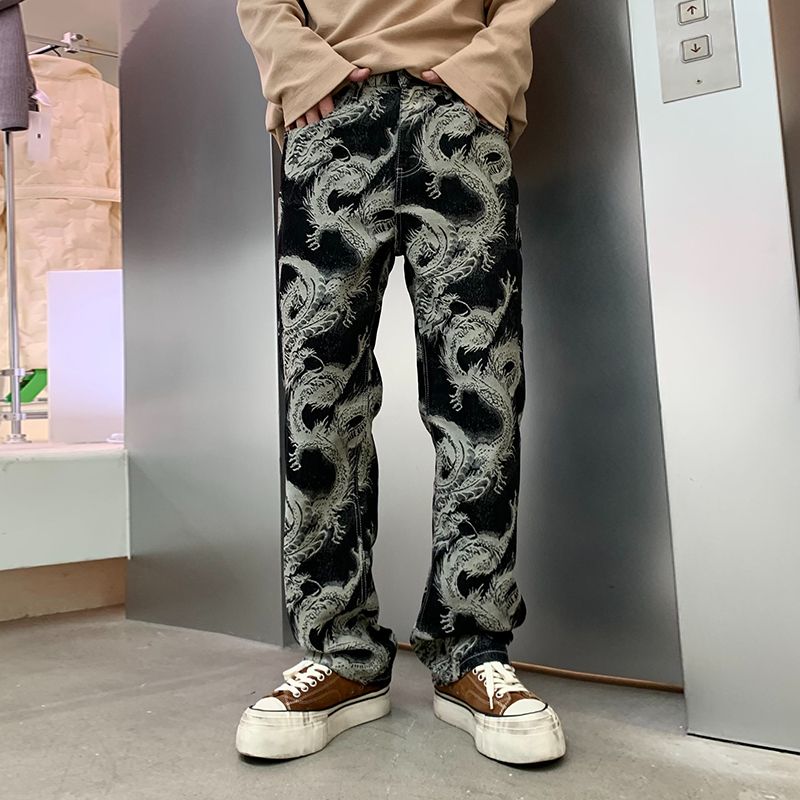 實拍美式高街復古龍紋提花刺繡牛仔褲男國潮痞帥炸街直筒長褲